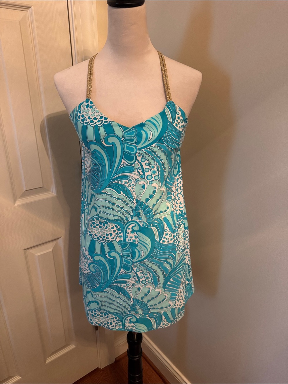 Jude Connally Turquoise & White Printed Halter Shift Dress